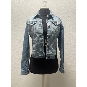 Hollister Womens Blue Denim Trucker Jacket Light Wash Floral Pocket Lining Small